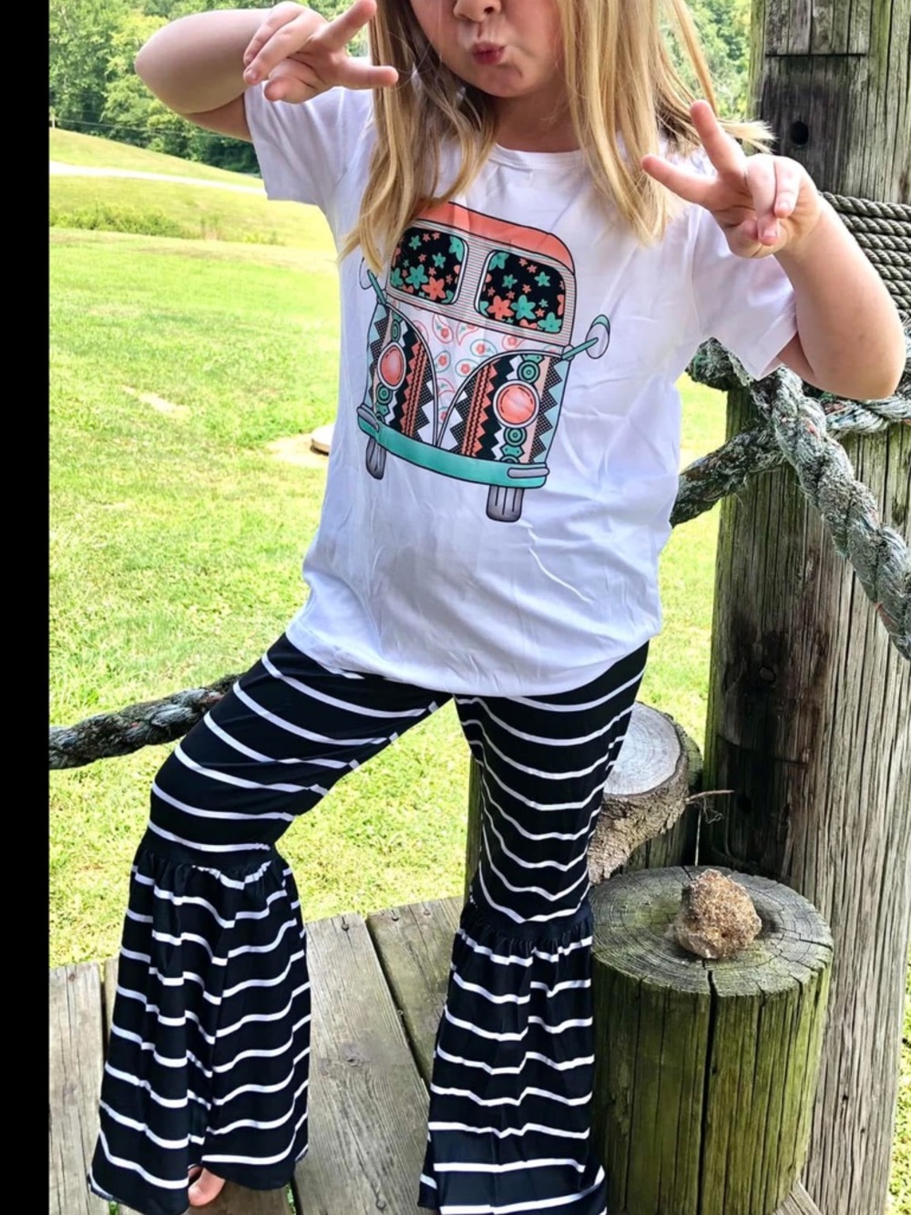 Girls White Tee with Colorful Camper Graphic